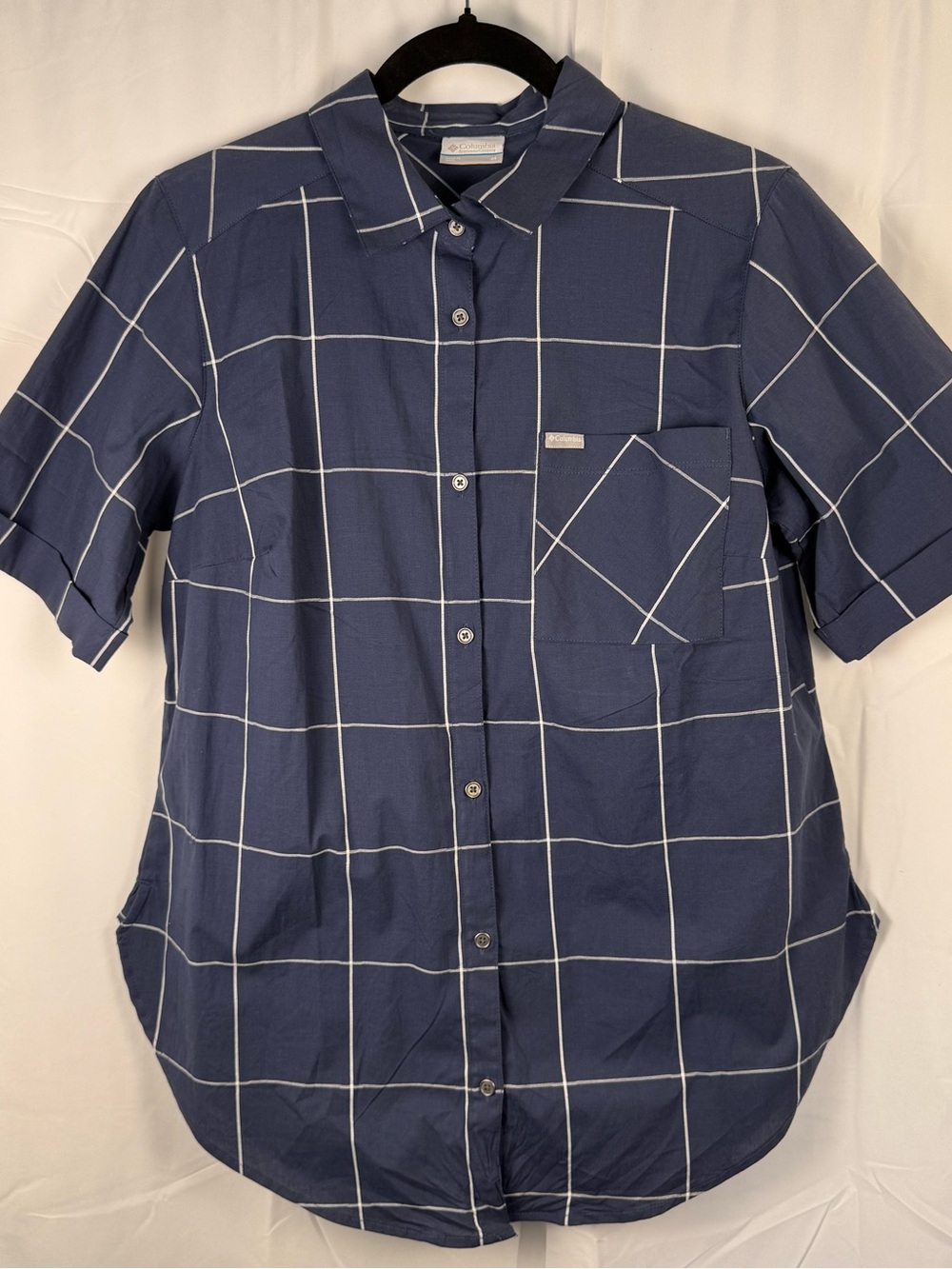 Columbia Blue Windowpane Plaid Button-Up Shirt Women’s Medium Short Sleeve